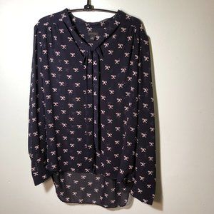 Ann Taylor Semi-sheer Navy Blue Bow Blouse Size Medium